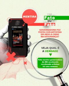 Card mostrando a publicação fake e uma lupa com a informação correta.