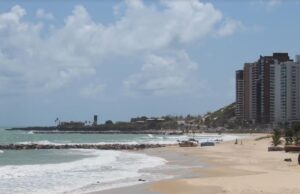 Imagem da vista de uma praia em dia ensolarado.